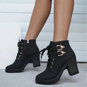 Black Platform Boots Chunky Heel Lace-Up Detail, Casual Buckle Ankle New Women's